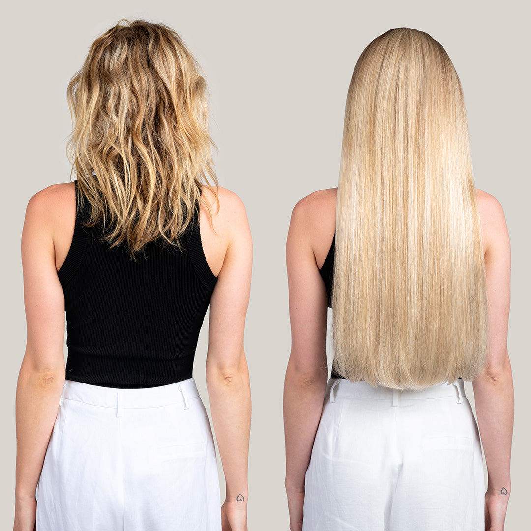 A woman with long blonde hair is shown before and after applying hair extensions, highlighting the transformation.