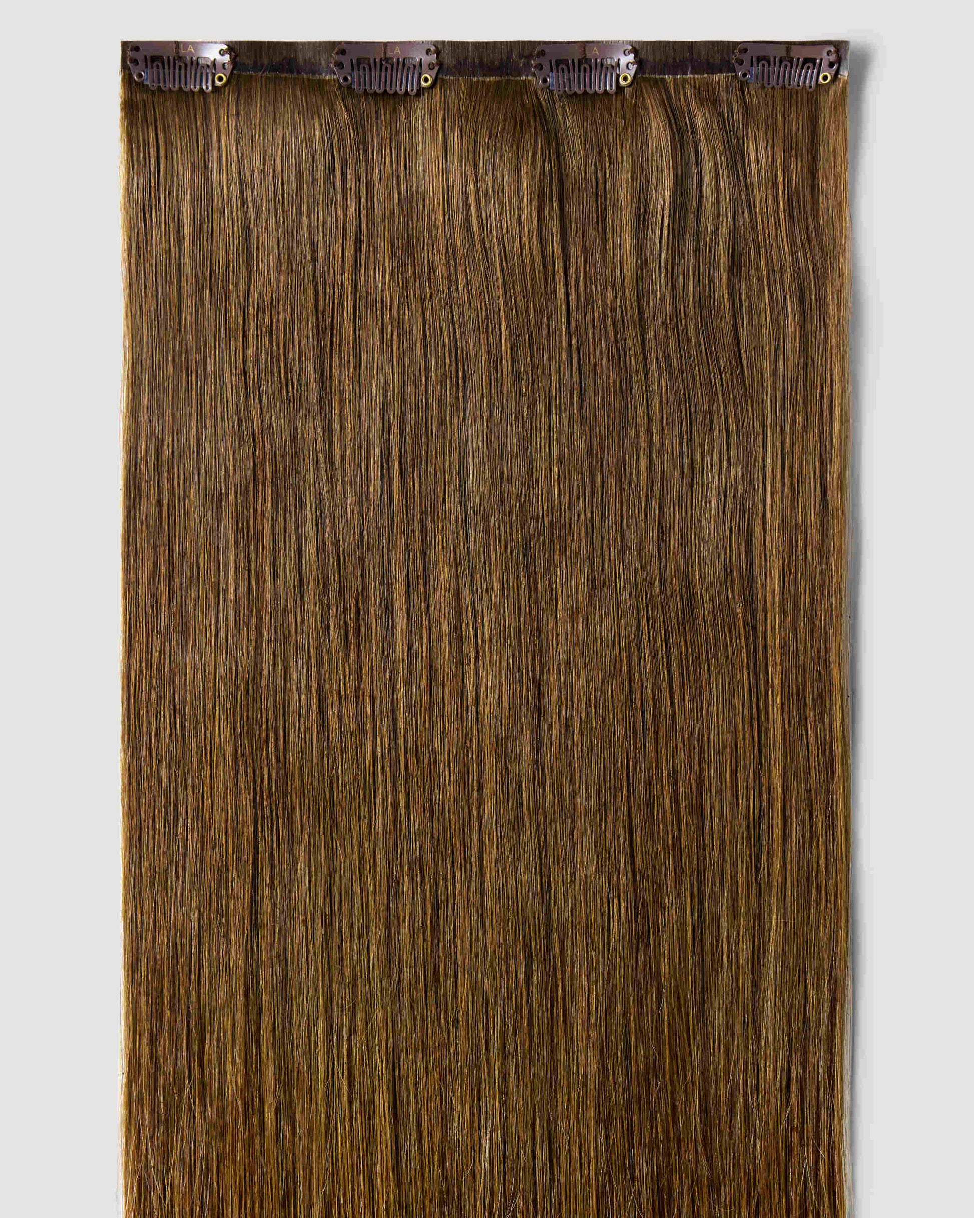 Clip-in hair extensions in a deep chestnut brown, designed to enhance hair volume and style effortlessly.