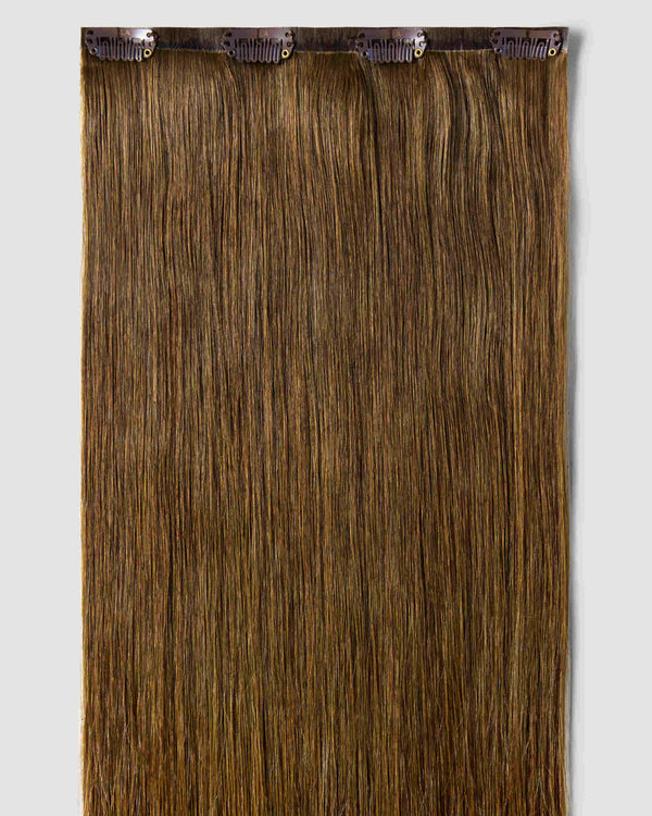 Clip-in hair extensions in a deep chestnut brown, designed to enhance hair volume and style effortlessly.