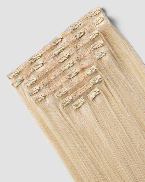 A hair extension swatch in beachy blonde, showcasing a vibrant and stylish look for effortless hair enhancement.