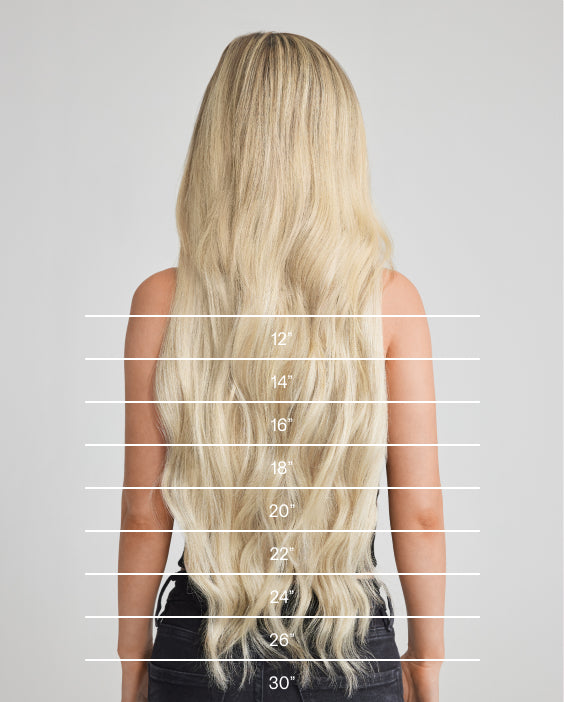 A chart illustrating the length of Champagne Blonde hair extensions on a woman's hair.