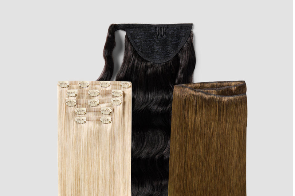 Three types of hair extensions: blonde clip-ins, black wavy ponytail, and straight brown tape-in extensions.