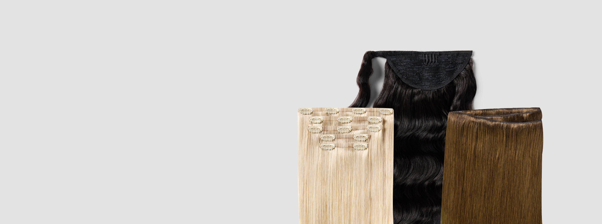 Three hair extension styles: blonde clip-ins, black wavy ponytail, and straight brown tape-ins displayed side by side.
