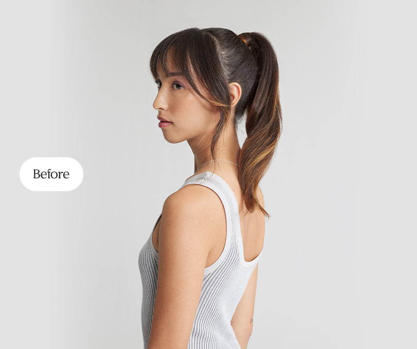 A woman with a ponytail, showcasing her hair before applying hair extensions.
