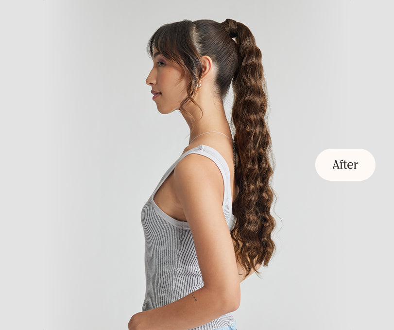 A woman with long, wavy hair is depicted after applying hair extensions, showcasing a dramatic transformation.