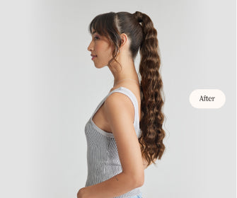 A side of a woman with a ponytail, showcasing applied Zala hair extension for added length and volume, and the text 'after'.