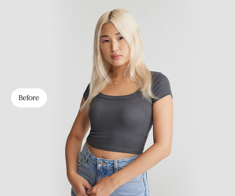 A woman in a crop top and jeans, showcasing her natural hair, and the text 'before' typed on a white background on the side