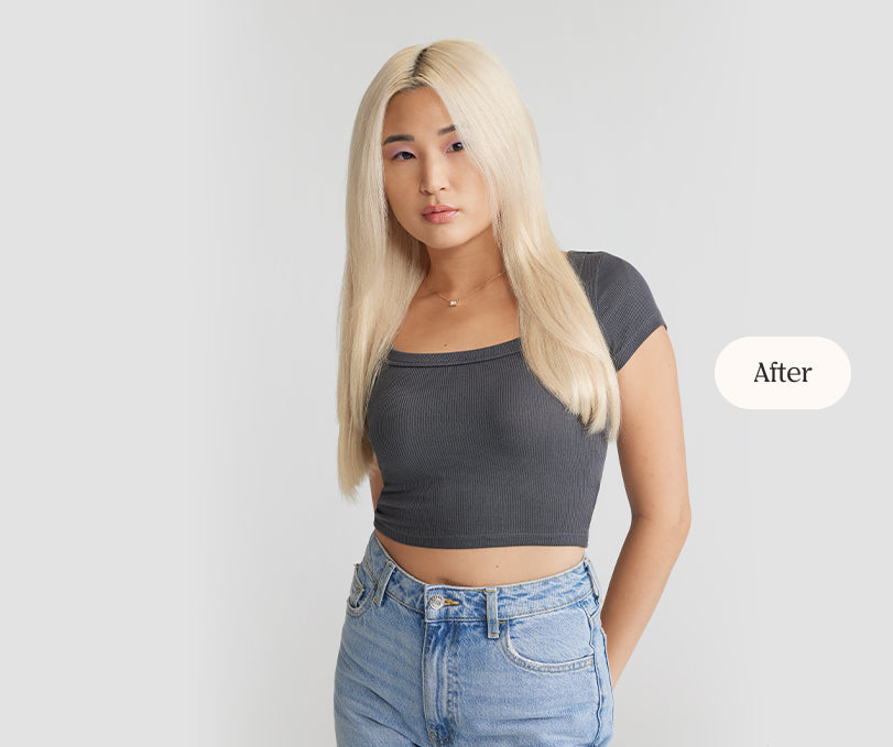 A woman in a crop top and jeans, showcasing her natural hair, and the text 'after' typed on a white background on the side