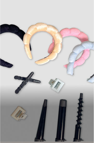 A collection of Zala Hair extensions styling tools and accessories, including padded headbands, clips, and curling irons.
