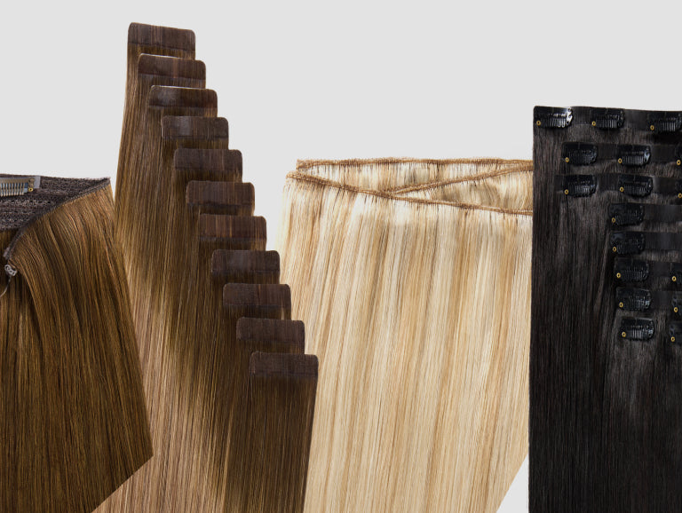 A collection of Zala hair extensions in various types and colors.
