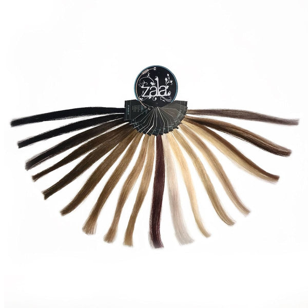 A set of Zala hair extensions samples, organized in a Zala Hair Extensions ring swatch for convenient styling options.