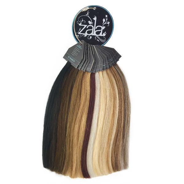 A set of hair extensions, organized in a ring swatch for convenient styling options.