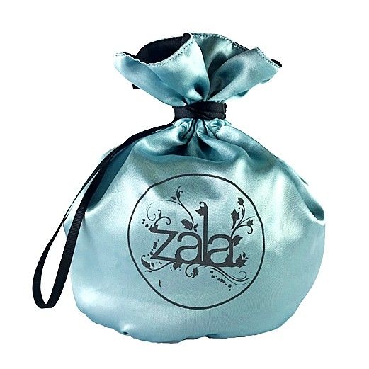 A blue satin pouch from Zara with logo for fashionable storage.