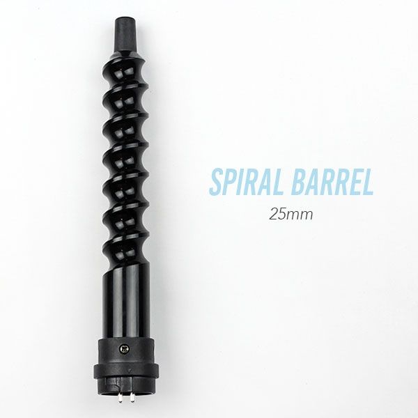 A black spiral barrel against a white background with the words "Spiral Barrel" next to it.