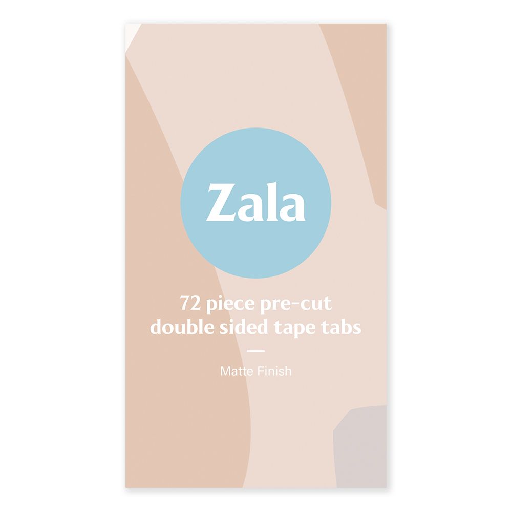 A light brown package of Zala 72-piece pre-cut double-sided tape tabs with a matte finish with the Zala logo.