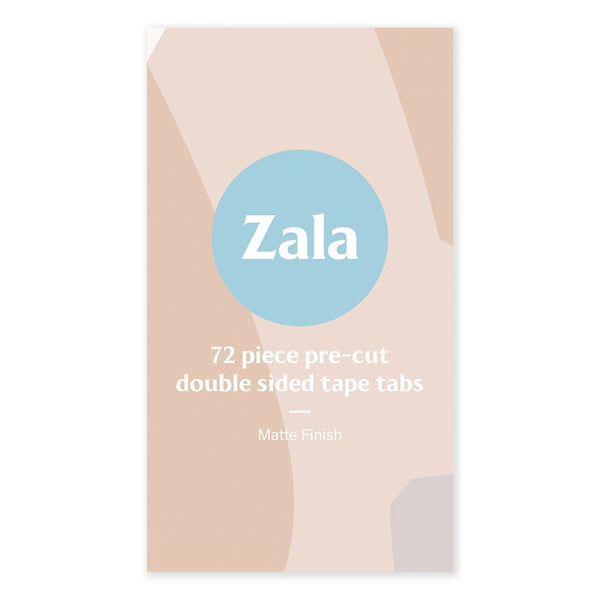 A light brown package of Zala 72-piece pre-cut double-sided tape tabs with a matte finish with the Zala logo.