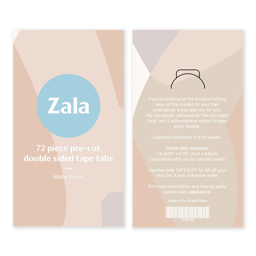 A label for Zala double-sided tape featuring a graphic of tape tabs for easy identification and use.
