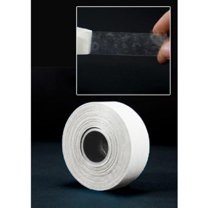 White adhesive tape roll for hair extensions, shown with a transparent strip for secure and discreet application.