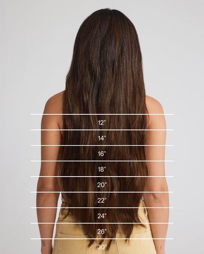 A hair extension length chart displaying the measurements for the model's hair.