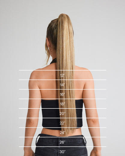 A chart displaying measurements of women's pony tail hair extension for selecting appropriate hair extensions size.