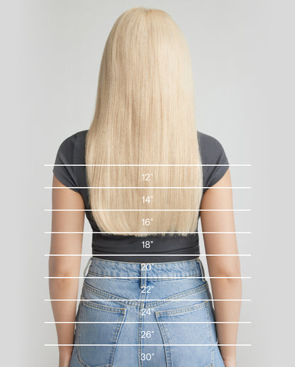 A chart displaying measurements for a woman's back of head showing the length of hair extensions.