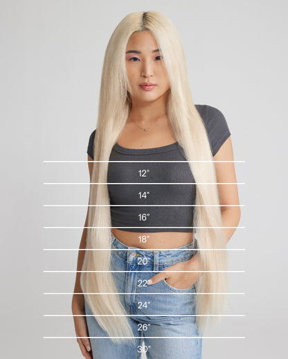 Measurements for a blonde woman's hair extensions are displayed on a chart, showcasing various lengths and styles.