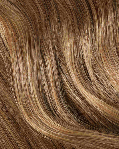 A swatch hair featuring blonde and brown highlights, showcasing a swatch of dirty blonde hair extension.