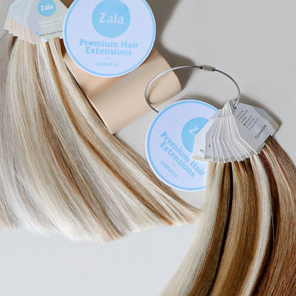 Two premium blonde swatch rings of Zala hair extensions highlight the rich color and quality  with different shades.